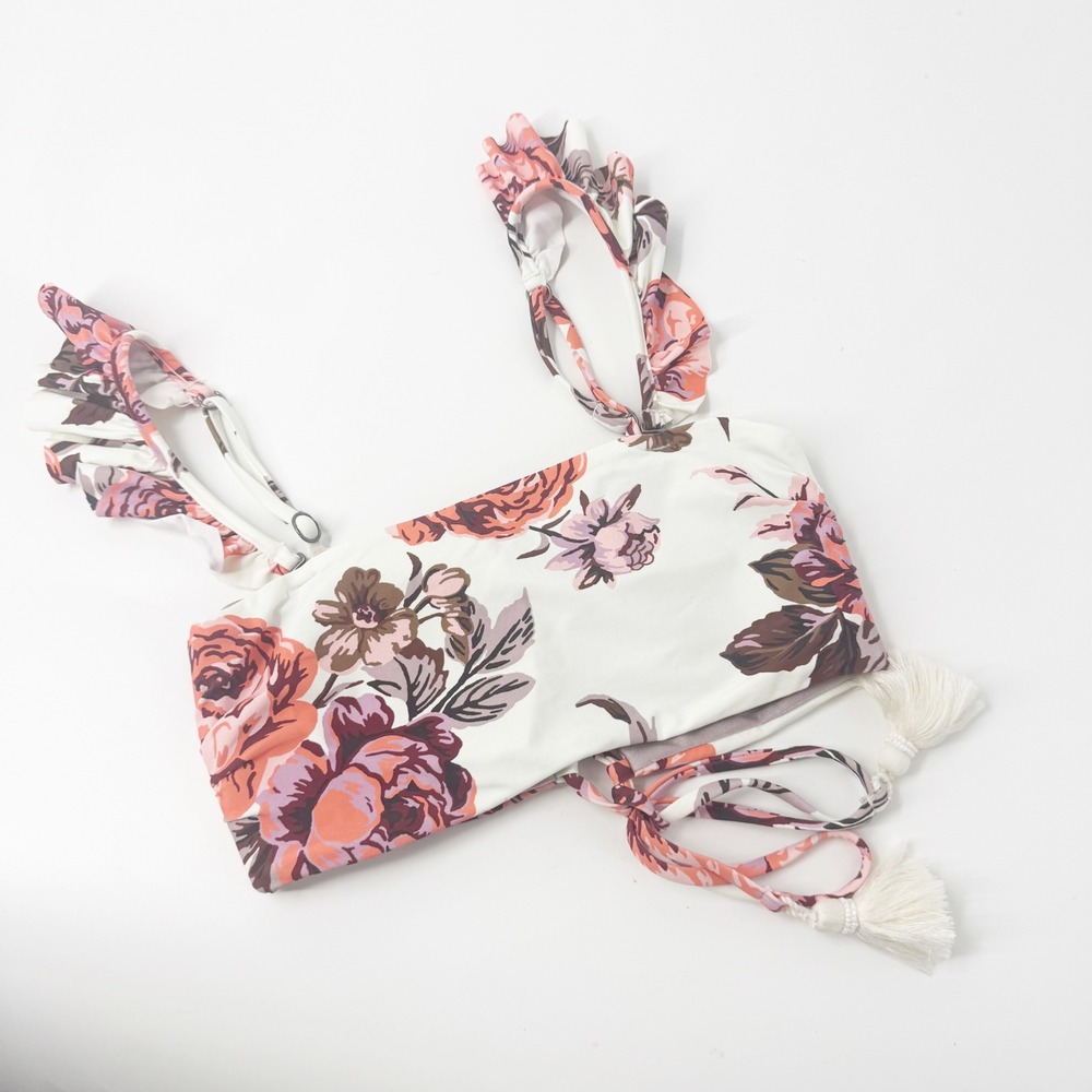 Maaji Floral Ruffle Strap Lace Up Bikini Top White Pink Large OP 26332